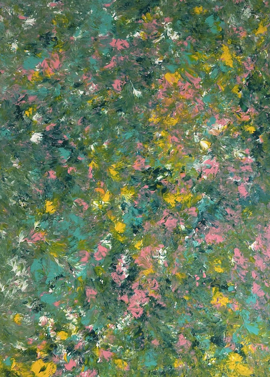 Tupfbild in Grün, Rosa und Gelb